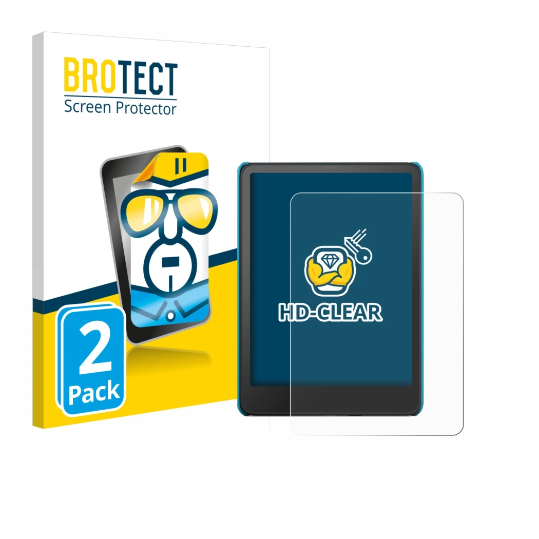 Face avant d’un emballage produit avec le logo de la marque BROTECT. À côté, l’appareil Amazon Kindle Paperwhite Kids 2024 est