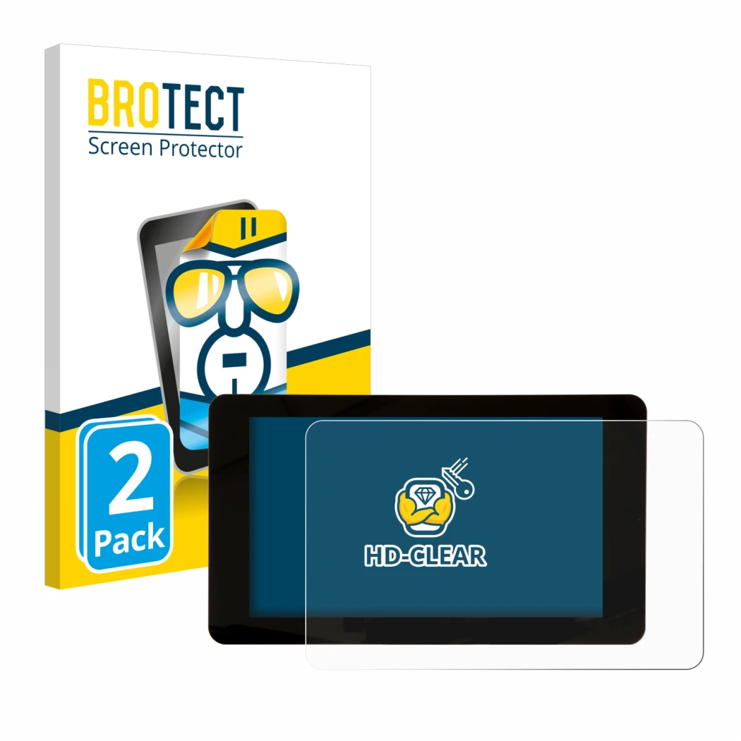 Face avant d’un emballage produit avec le logo de la marque BROTECT. À côté, l’appareil Raspberry Pi Touchscreen 2 (7