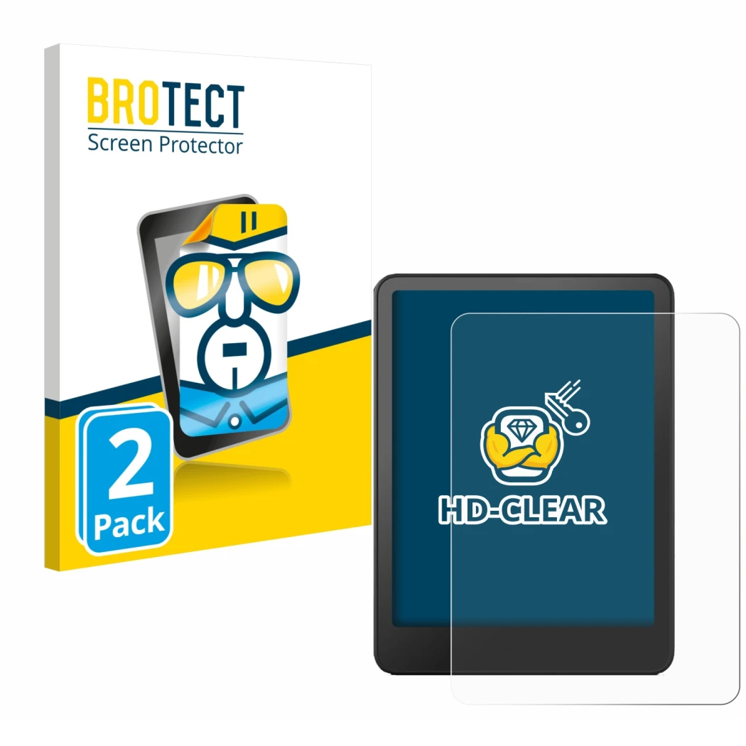 Face avant d’un emballage produit avec le logo de la marque BROTECT. À côté, l’appareil Amazon Kindle Paperwhite 2024 (12. Gen