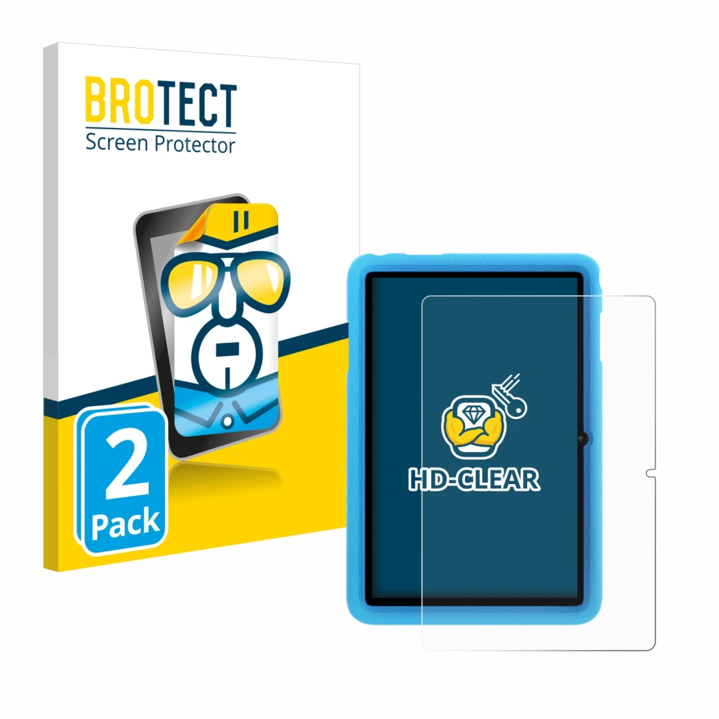 Face avant d’un emballage produit avec le logo de la marque BROTECT. À côté, l’appareil Blackview Tab 8 Kids est représenté av