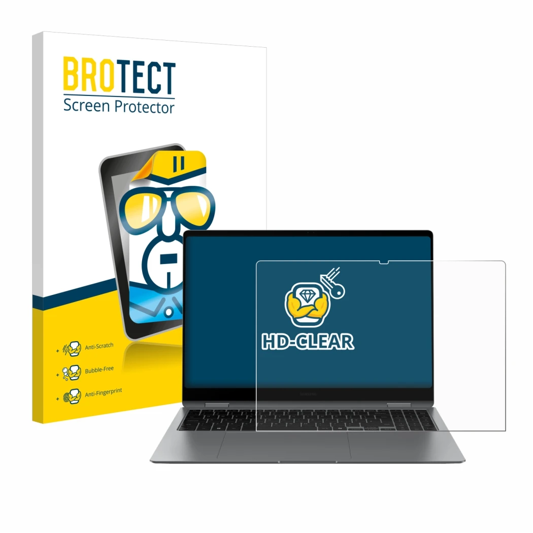 Face avant d’un emballage produit avec le logo de la marque BROTECT. À côté, l’appareil Samsung Galaxy Book5 Pro 360 16