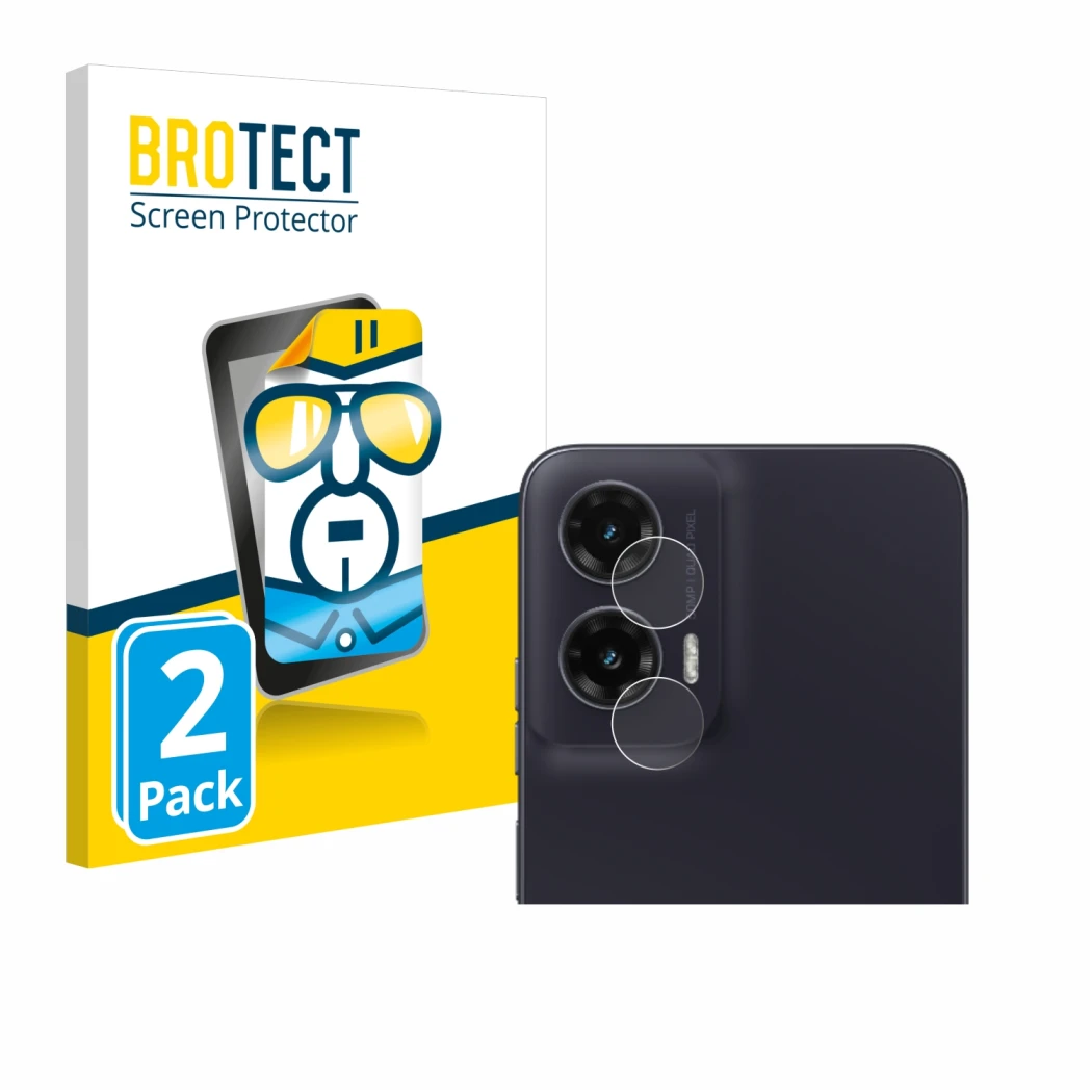 Face avant d’un emballage produit avec le logo de la marque BROTECT. À côté, l’appareil Motorola Moto G35 (Caméra UNIQUEMENT) 