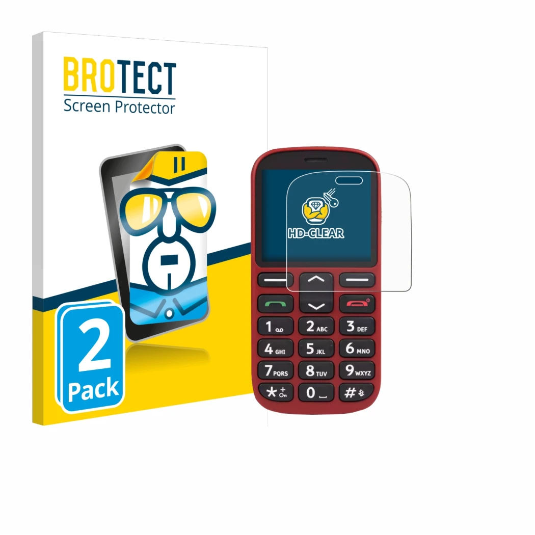Face avant d’un emballage produit avec le logo de la marque BROTECT. À côté, l’appareil Doro 1360 est représenté avec la prote