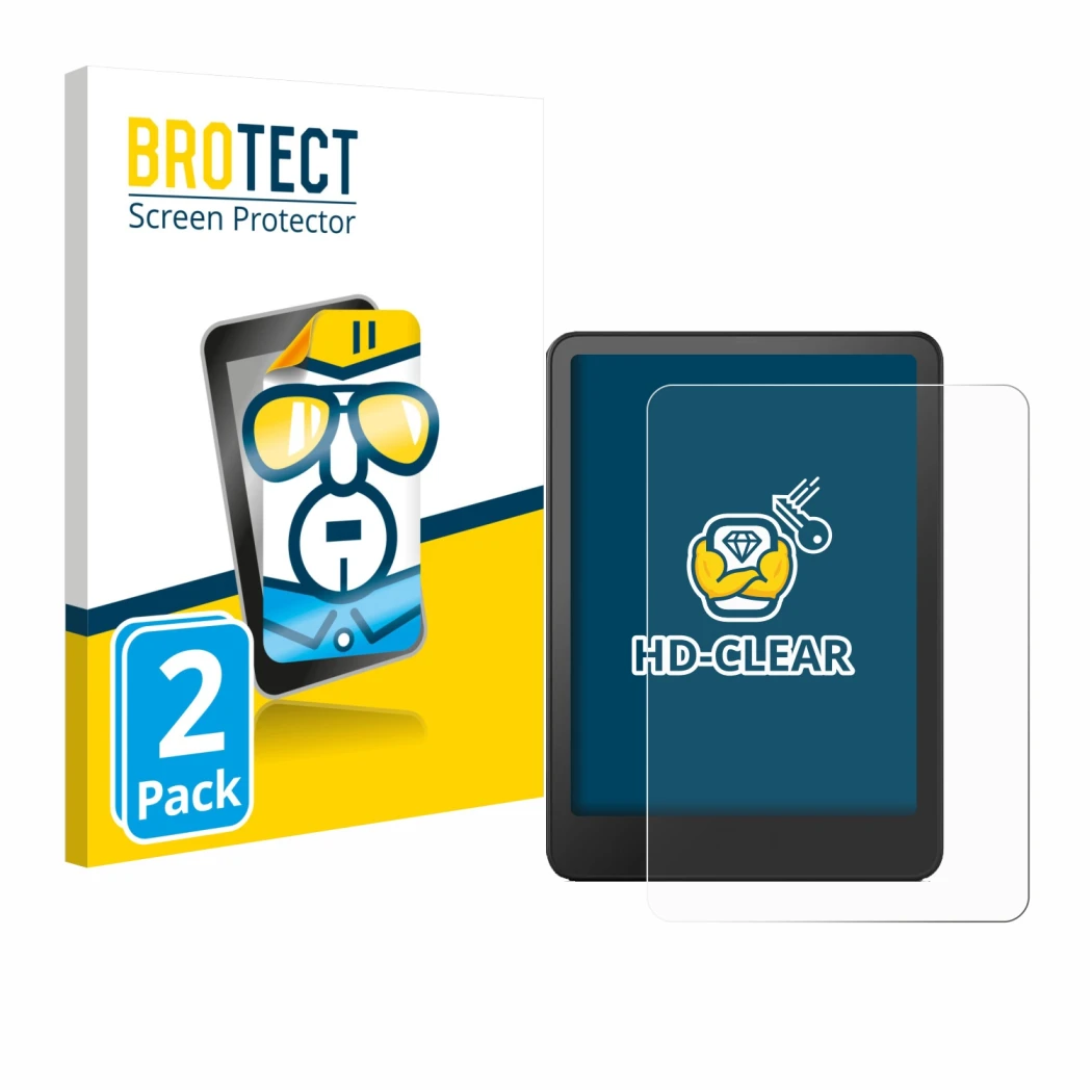 Face avant d’un emballage produit avec le logo de la marque BROTECT. À côté, l’appareil Amazon Kindle Paperwhite 2024 Signatur