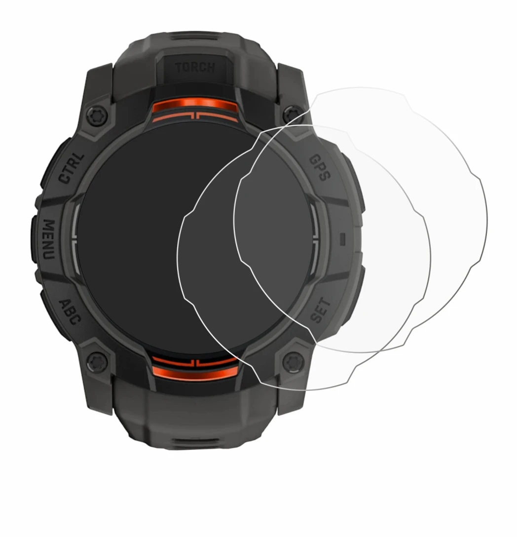 Image de l'appareil Garmin Instinct 3 Solar (50 mm) avec une grande variété de protections d'écran.