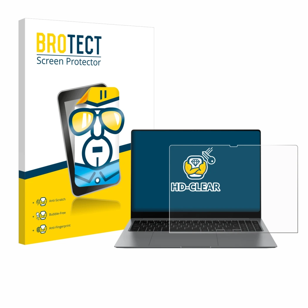 Face avant d’un emballage produit avec le logo de la marque BROTECT. À côté, l’appareil Samsung Galaxy Book5 Pro 16