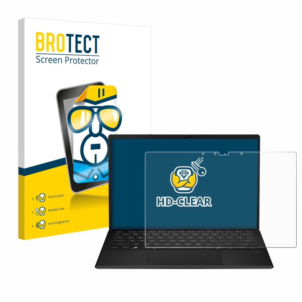 Face avant d’un emballage produit avec le logo de la marque BROTECT. À côté, l’appareil ASUS ROG Flow Z13 2025 est représenté 