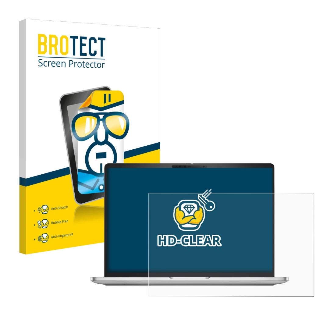 Face avant d’un emballage produit avec le logo de la marque BROTECT. À côté, l’appareil Dell Pro 16 Plus PB16250 est représent