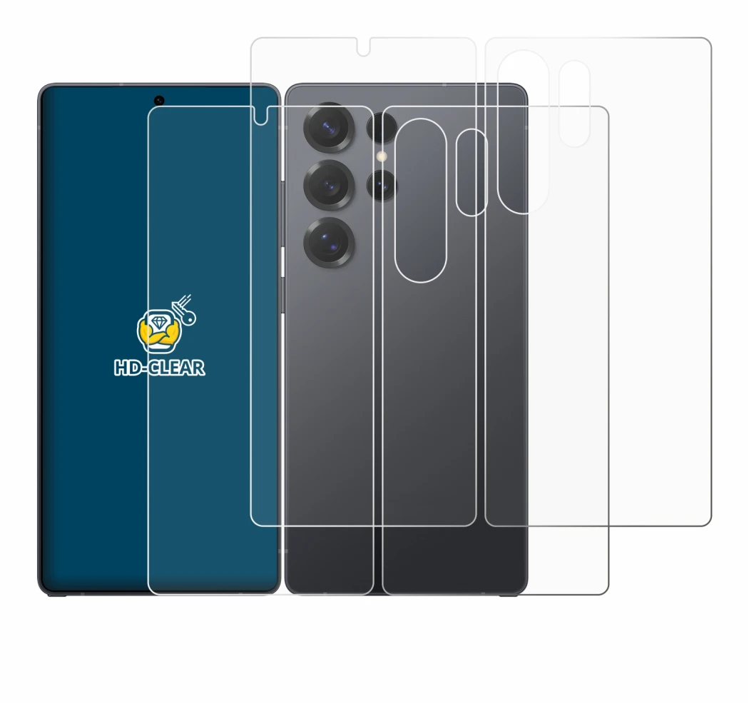 Image de l'appareil Samsung Galaxy S25 Ultra (Avant+Arrière) avec une grande variété de protections d'écran.
