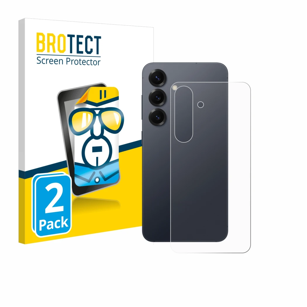 Face avant d’un emballage produit avec le logo de la marque BROTECT. À côté, l’appareil Samsung Galaxy S25 (Arrière) est repré