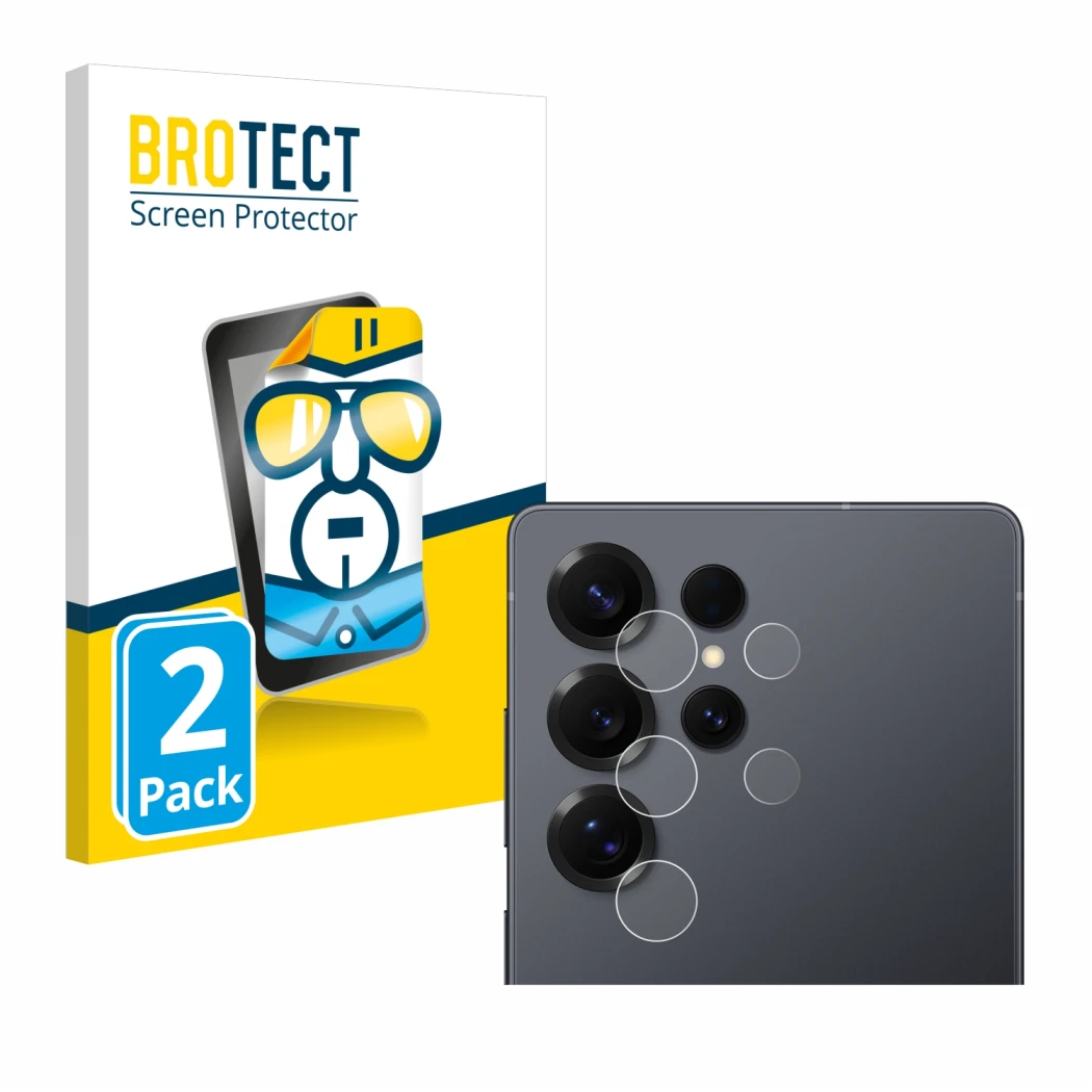 Face avant d’un emballage produit avec le logo de la marque BROTECT. À côté, l’appareil Samsung Galaxy S25 Ultra Enterprise Ed