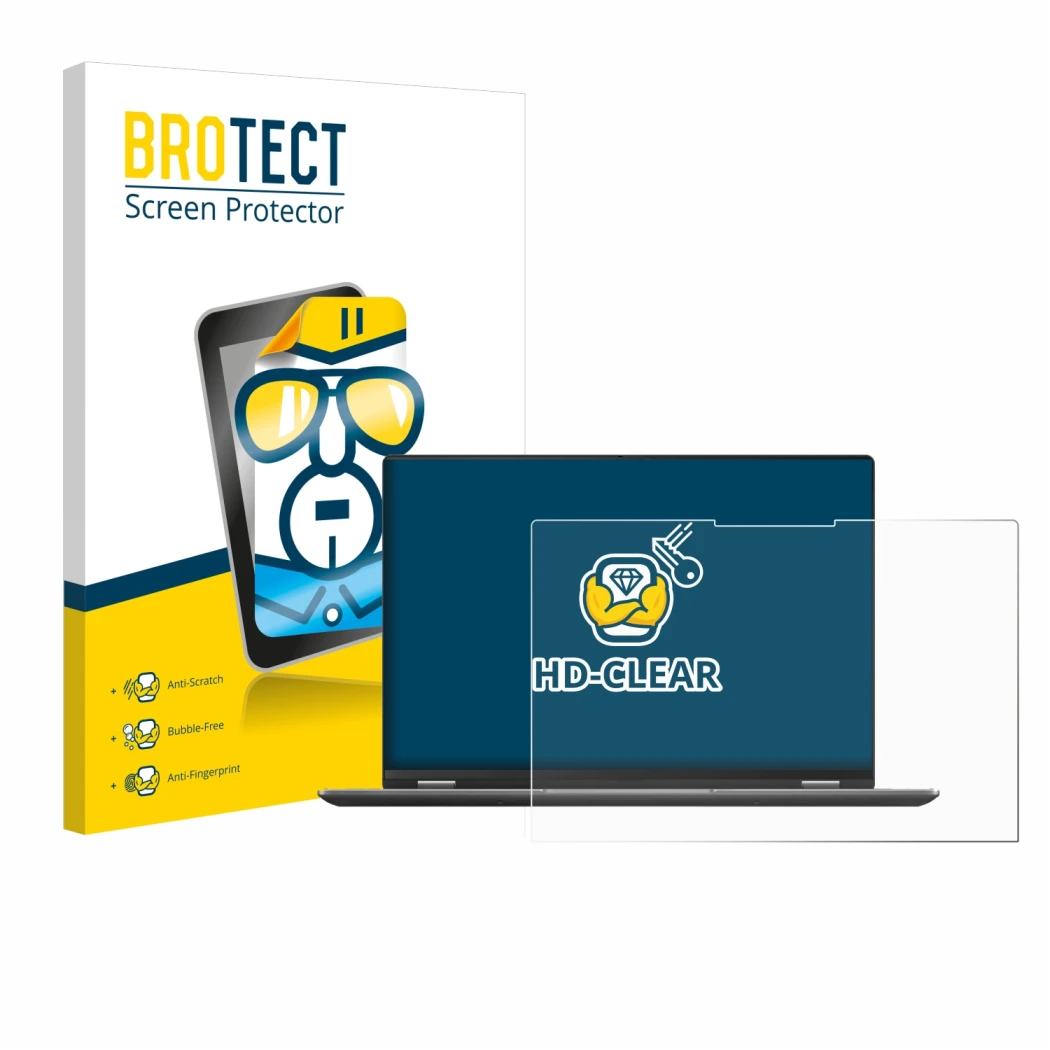 Face avant d’un emballage produit avec le logo de la marque BROTECT. À côté, l’appareil ASUS Vivobook S 16 Flip TP3607SA-RJ022