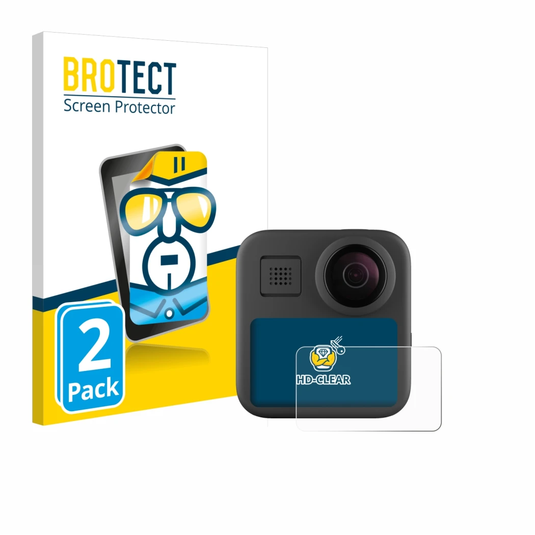 Face avant d’un emballage produit avec le logo de la marque BROTECT. À côté, l’appareil GoPro Max (2025) est représenté avec l