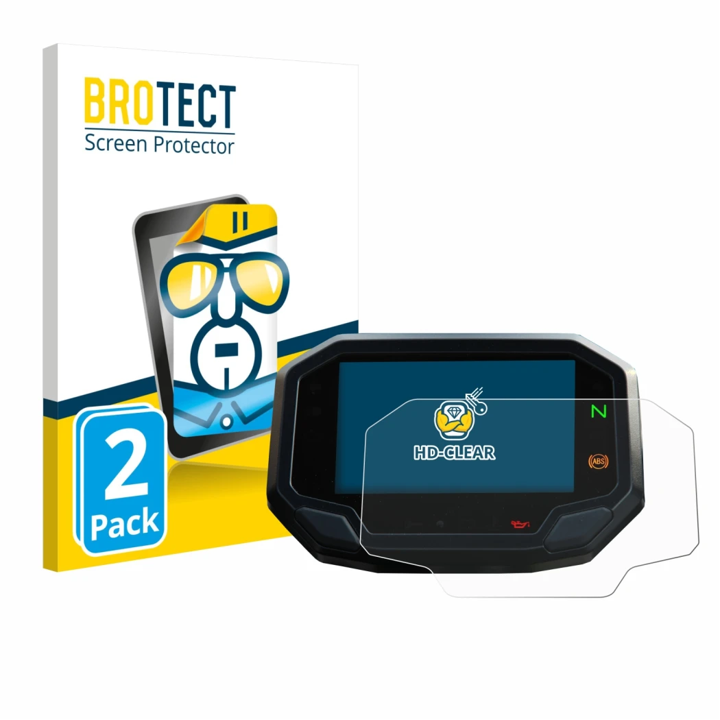 Face avant d’un emballage produit avec le logo de la marque BROTECT. À côté, l’appareil Kawasaki Versys 650 2022+ est représen