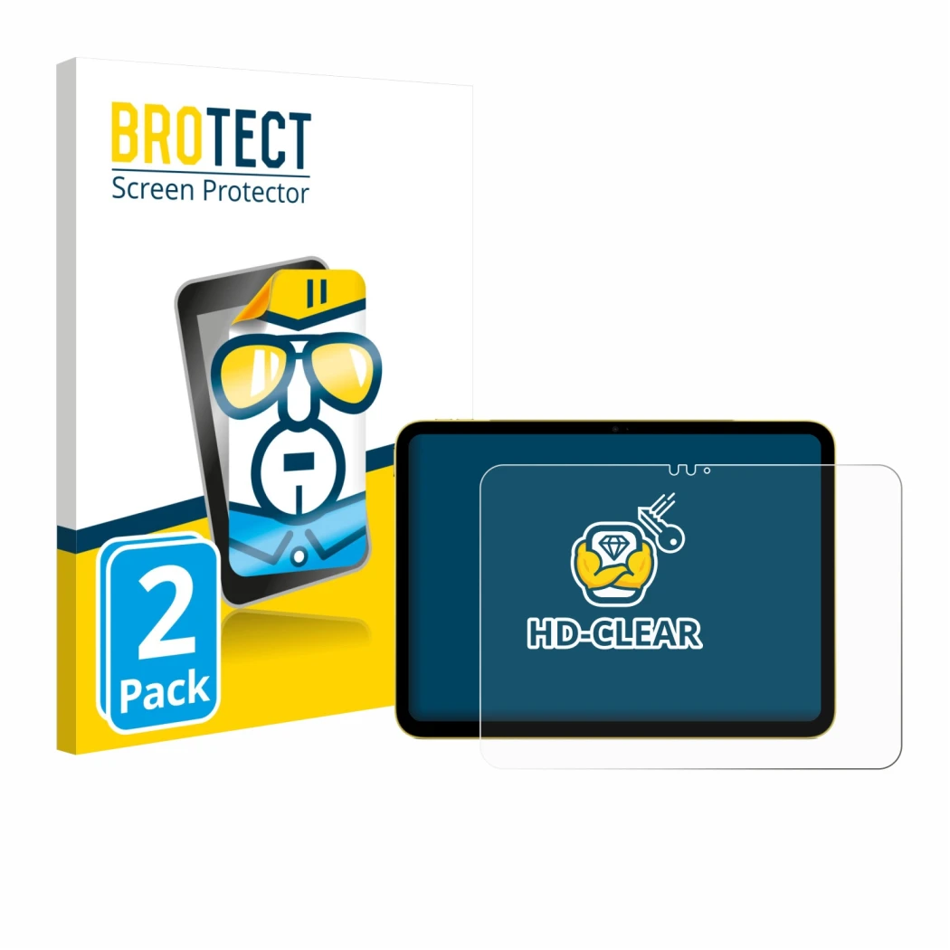 Face avant d’un emballage produit avec le logo de la marque BROTECT. À côté, l’appareil Apple iPad Air 11