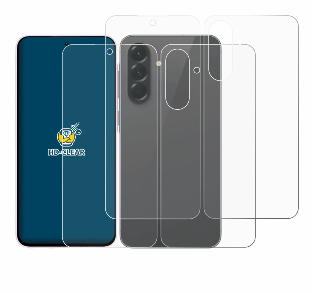 Image de l'appareil Samsung Galaxy A56 5G (Avant+Arrière) avec une grande variété de protections d'écran.