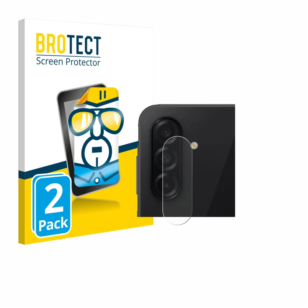 Face avant d’un emballage produit avec le logo de la marque BROTECT. À côté, l’appareil Samsung Galaxy A26 5G (Caméra UNIQUEME