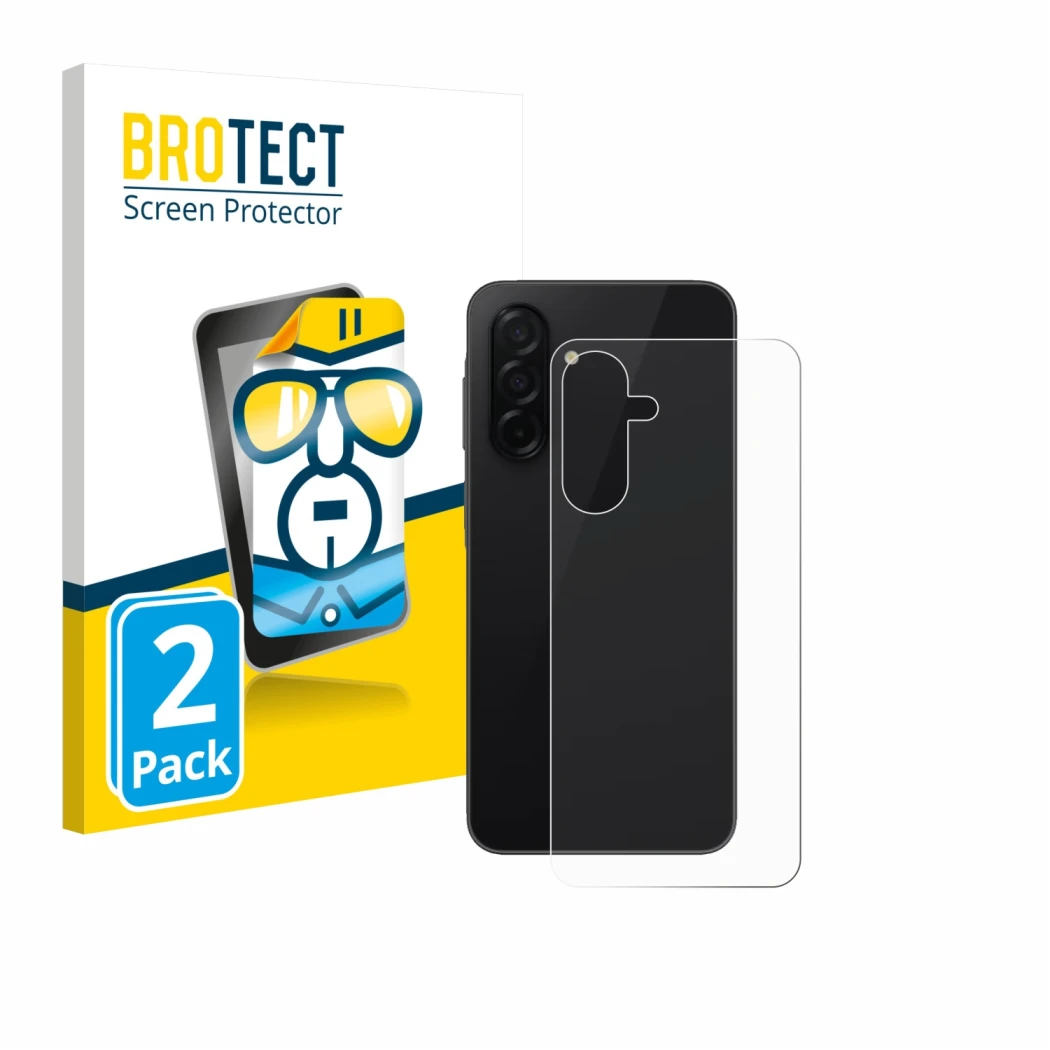 Face avant d’un emballage produit avec le logo de la marque BROTECT. À côté, l’appareil Samsung Galaxy A26 5G (Arrière) est re