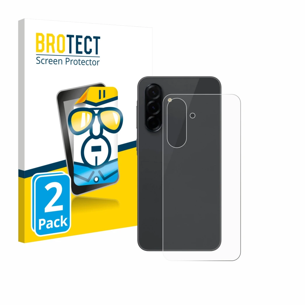Face avant d’un emballage produit avec le logo de la marque BROTECT. À côté, l’appareil Samsung Galaxy A36 5G (Arrière) est re