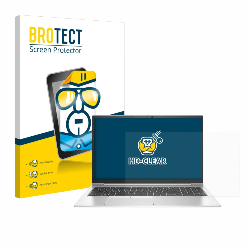 Face avant d’un emballage produit avec le logo de la marque BROTECT. À côté, l’appareil HP EliteBook 855 G8 est représenté ave