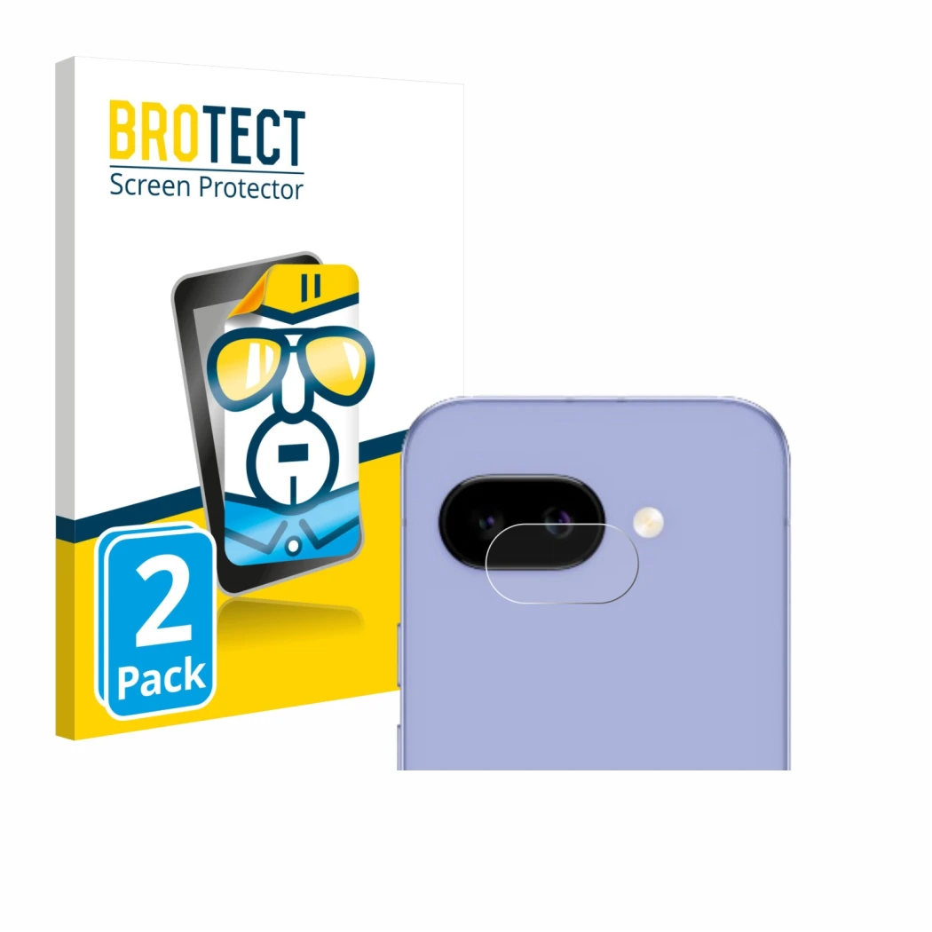 Face avant d’un emballage produit avec le logo de la marque BROTECT. À côté, l’appareil Google Pixel 9a (Caméra UNIQUEMENT) es
