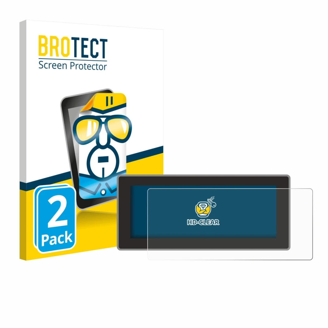 Face avant d’un emballage produit avec le logo de la marque BROTECT. À côté, l’appareil Hyundai Inster Xclass (2025) est repré