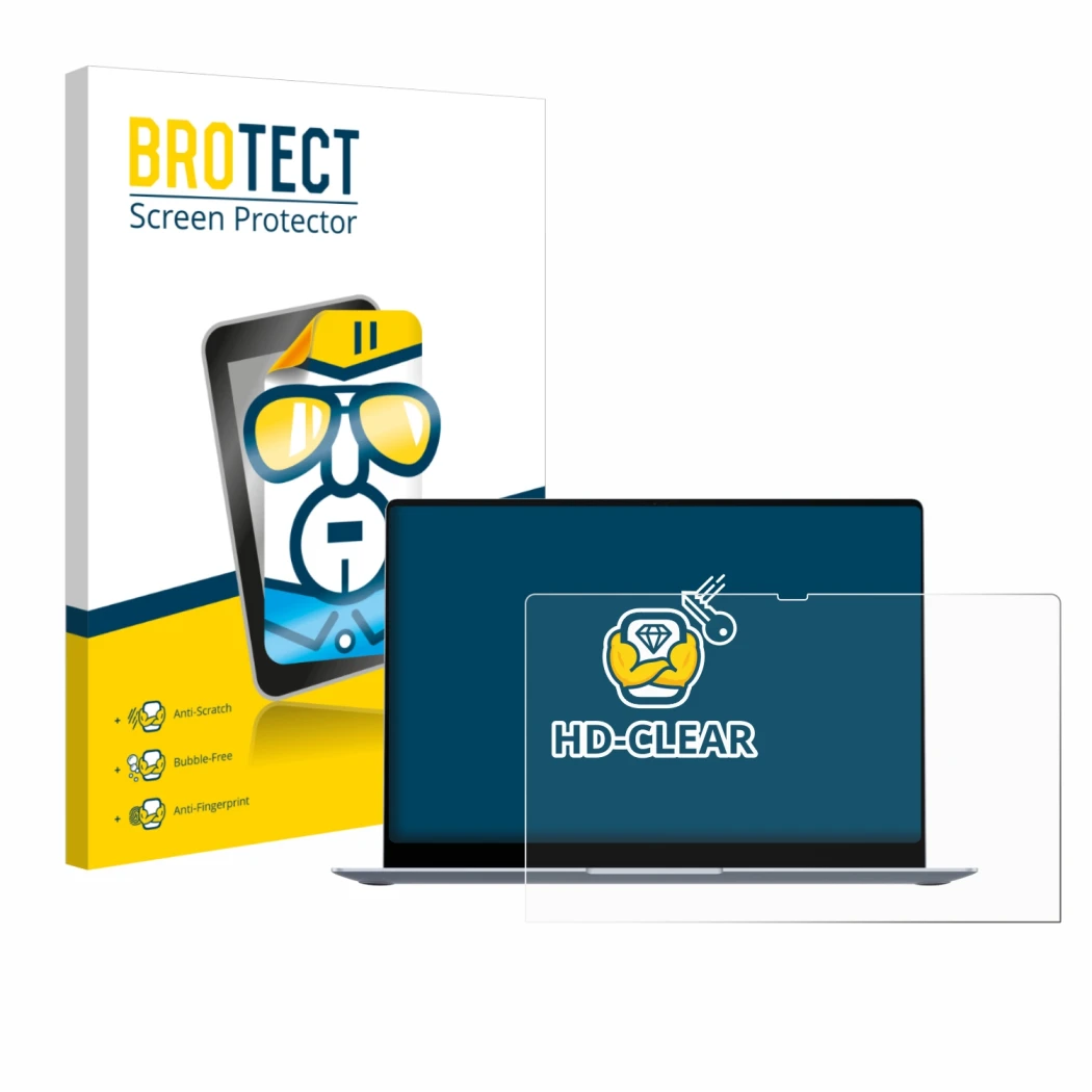 Face avant d’un emballage produit avec le logo de la marque BROTECT. À côté, l’appareil Samsung Galaxy Book4 15.6