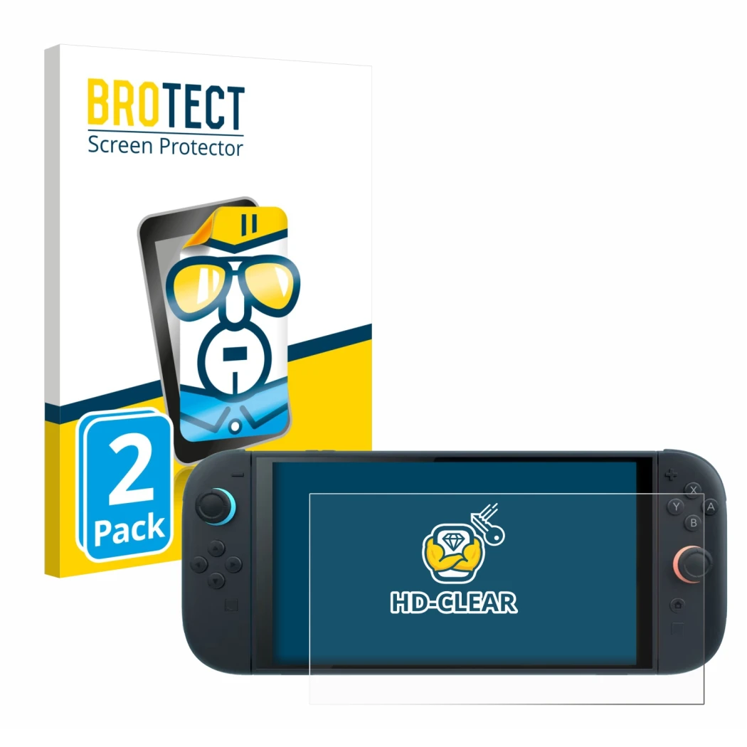 Face avant d’un emballage produit avec le logo de la marque BROTECT. À côté, l’appareil Nintendo Switch 2 est représenté avec