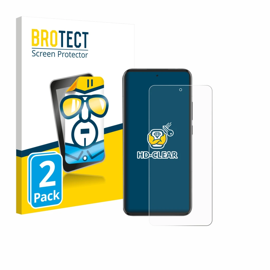 Face avant d’un emballage produit avec le logo de la marque BROTECT. À côté, l’appareil Oppo Reno 13 Pro est représenté avec l