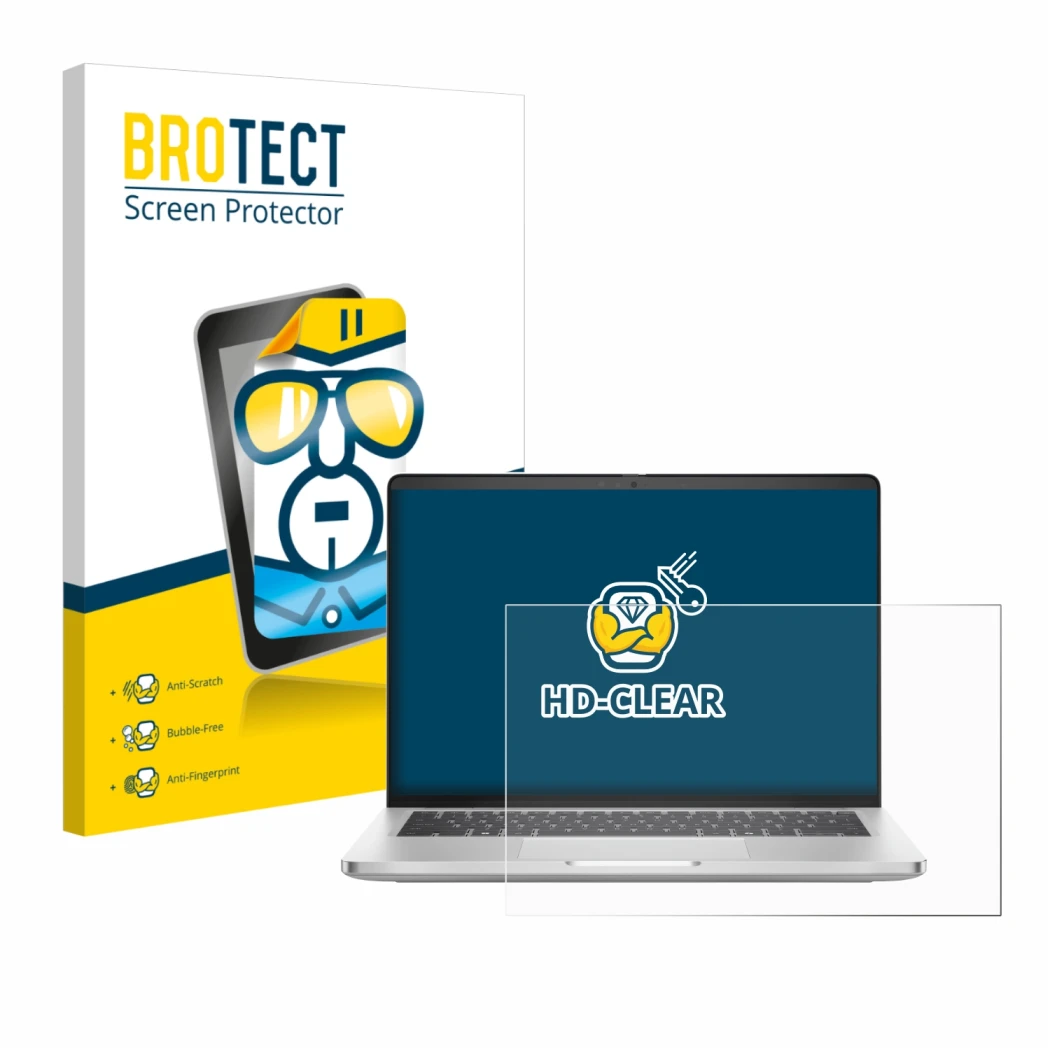 Face avant d’un emballage produit avec le logo de la marque BROTECT. À côté, l’appareil Dell Pro 14 Plus PB14250 est représent