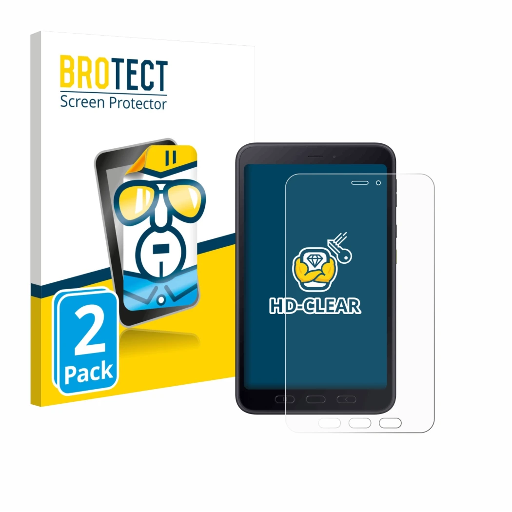 Face avant d’un emballage produit avec le logo de la marque BROTECT. À côté, l’appareil Samsung galaxy Tab Active 5 5G Enterpr