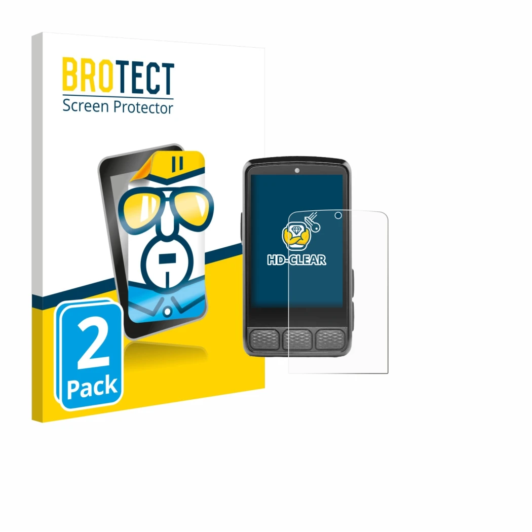 Face avant d’un emballage produit avec le logo de la marque BROTECT. À côté, l’appareil Wahoo Elemnt Roam V3 est représenté av