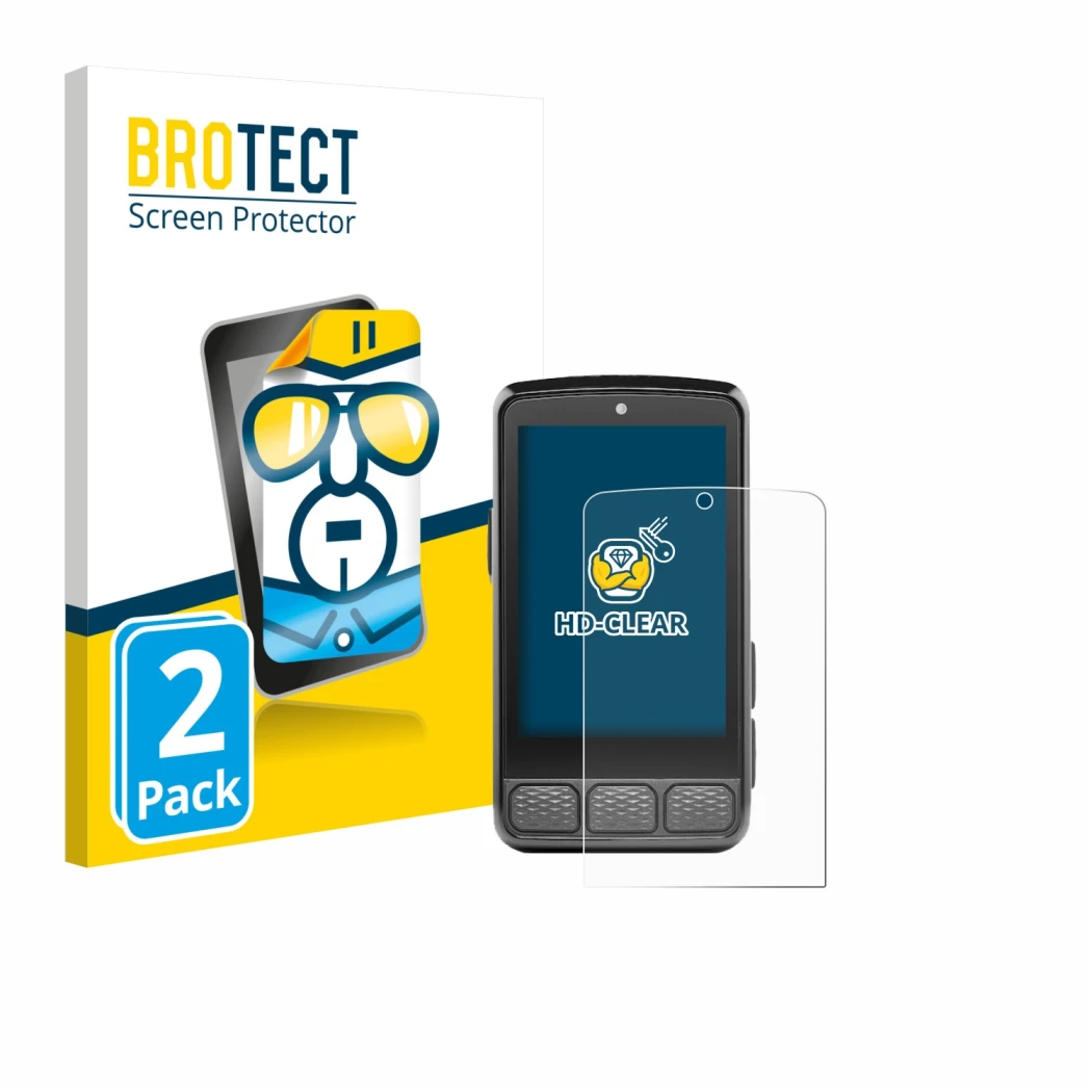 Face avant d’un emballage produit avec le logo de la marque BROTECT. À côté, l’appareil Wahoo Elemnt Roam 3 est représenté ave