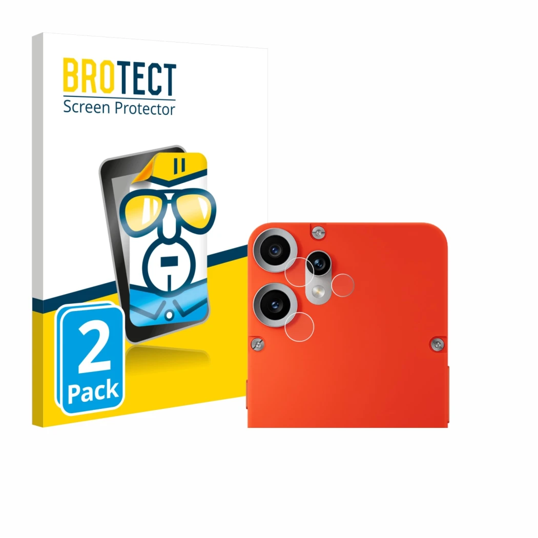 Face avant d’un emballage produit avec le logo de la marque BROTECT. À côté, l’appareil Nothing CMF Phone 2 Pro (Caméra UNIQUE