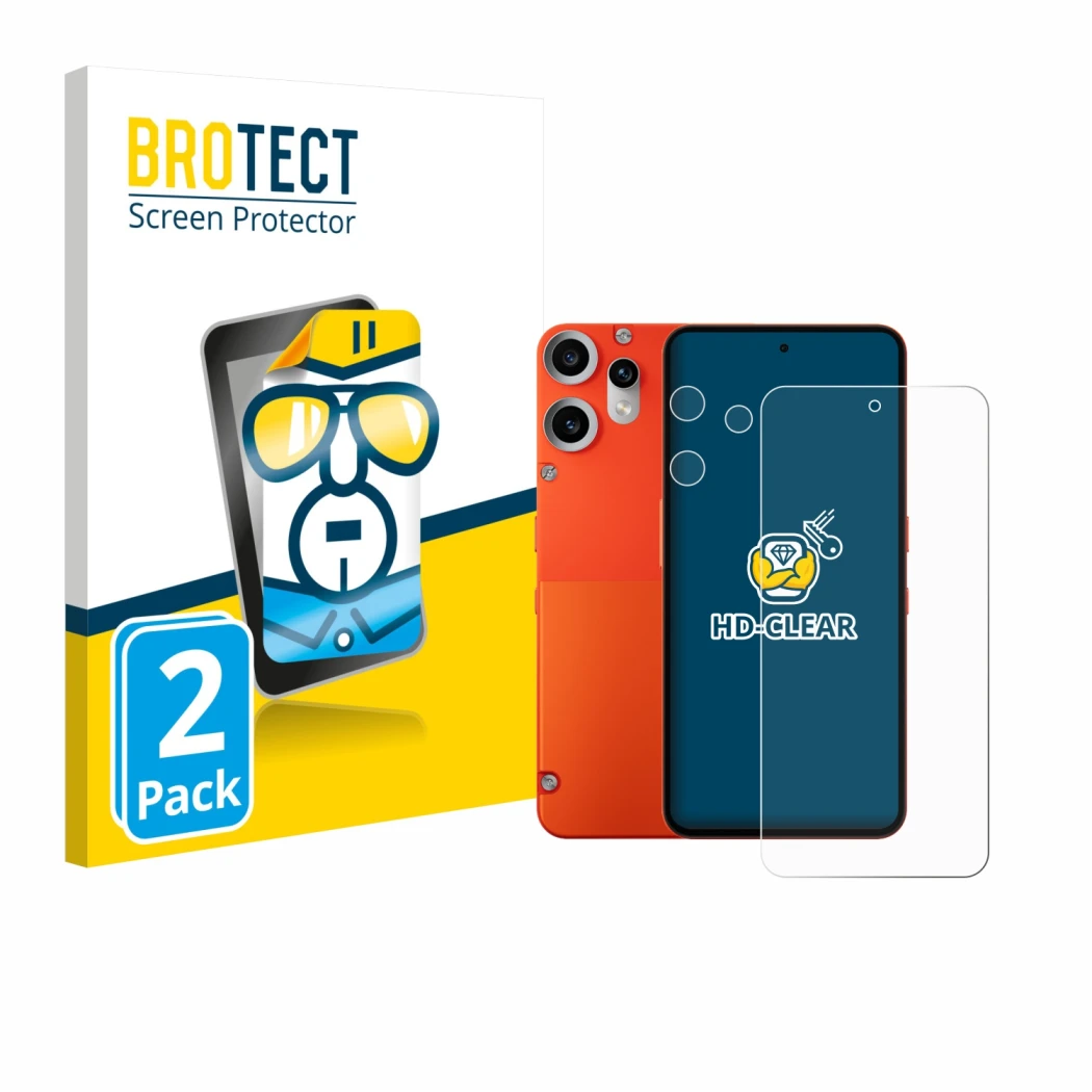 Face avant d’un emballage produit avec le logo de la marque BROTECT. À côté, l’appareil Nothing CMF Phone 2 Pro (Avant+Caméra)