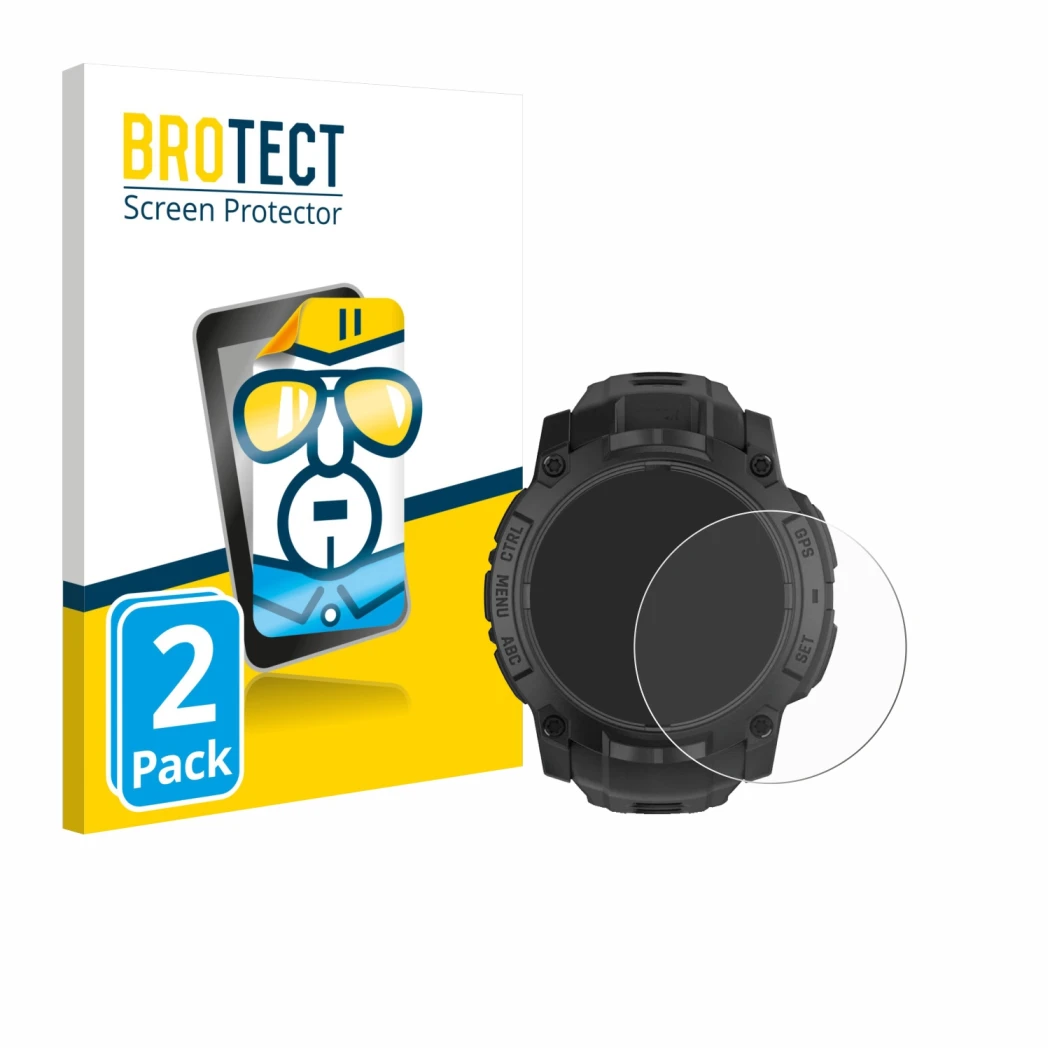 Face avant d’un emballage produit avec le logo de la marque BROTECT. À côté, l’appareil Garmin Instinct 3 Solar Tactical Editi