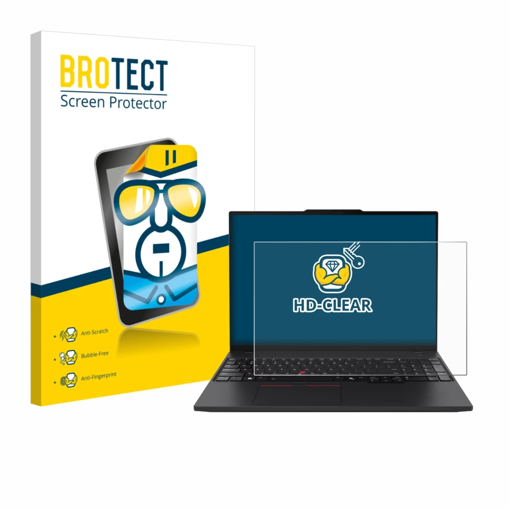 Face avant d’un emballage produit avec le logo de la marque BROTECT. À côté, l’appareil Lenovo ThinkPad P16s Gen 4 est représe