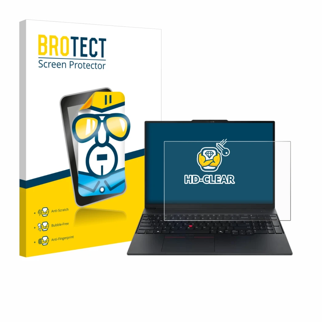 Face avant d’un emballage produit avec le logo de la marque BROTECT. À côté, l’appareil Lenovo ThinkPad E16 Gen 3 est représen