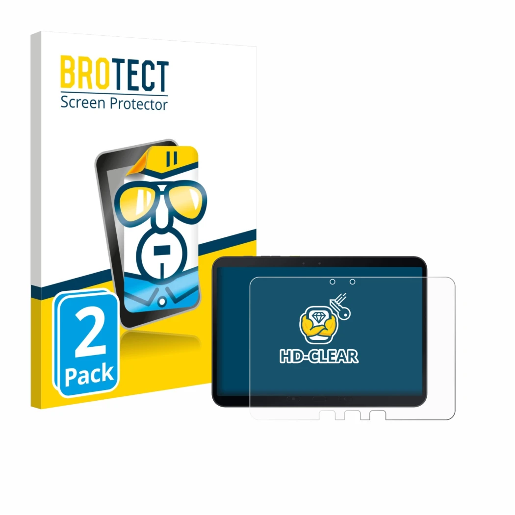 Face avant d’un emballage produit avec le logo de la marque BROTECT. À côté, l’appareil Samsung Galaxy Tab Active 5 Pro est re