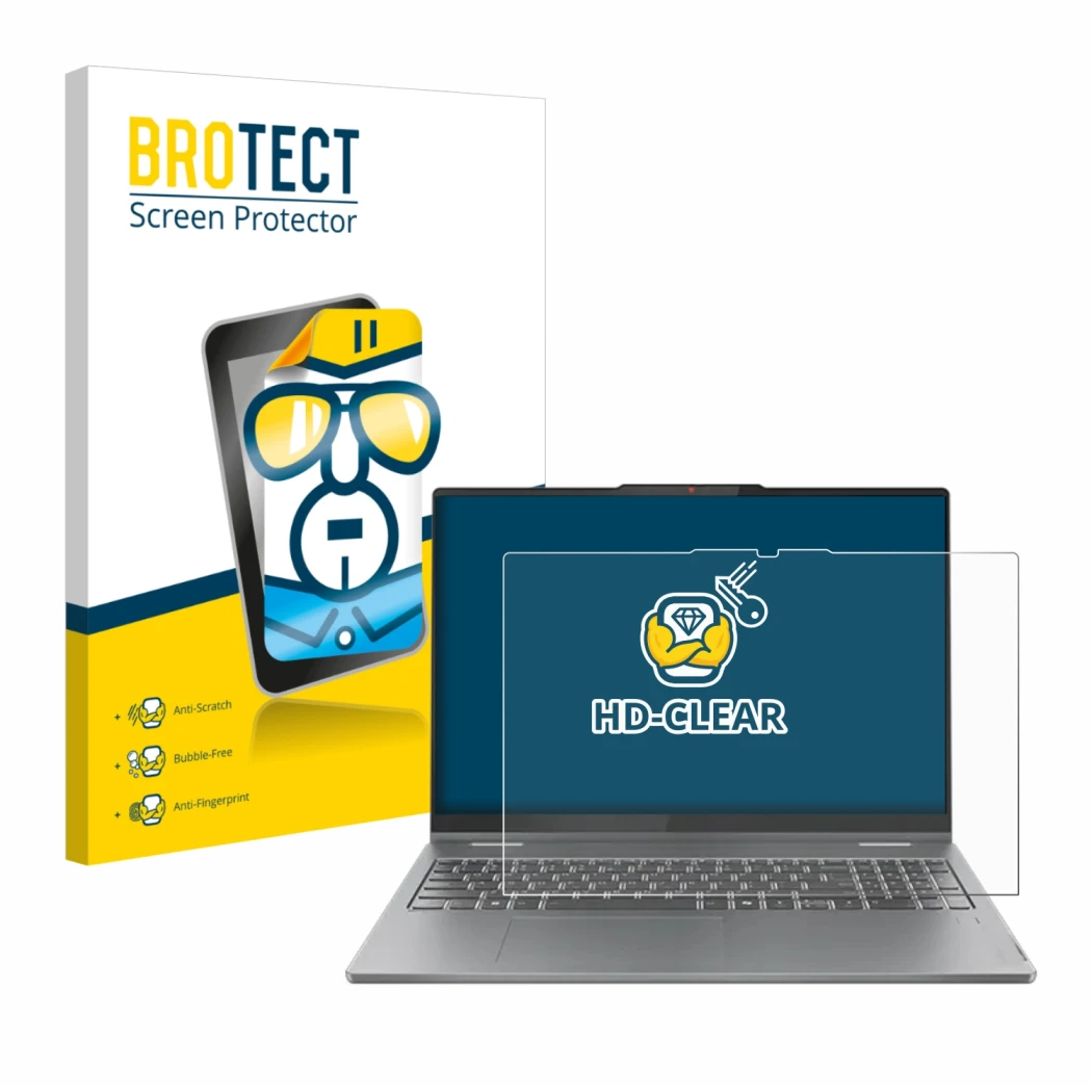 Face avant d’un emballage produit avec le logo de la marque BROTECT. À côté, l’appareil Lenovo IdeaPad 5 2-in-1 Gen 10 16