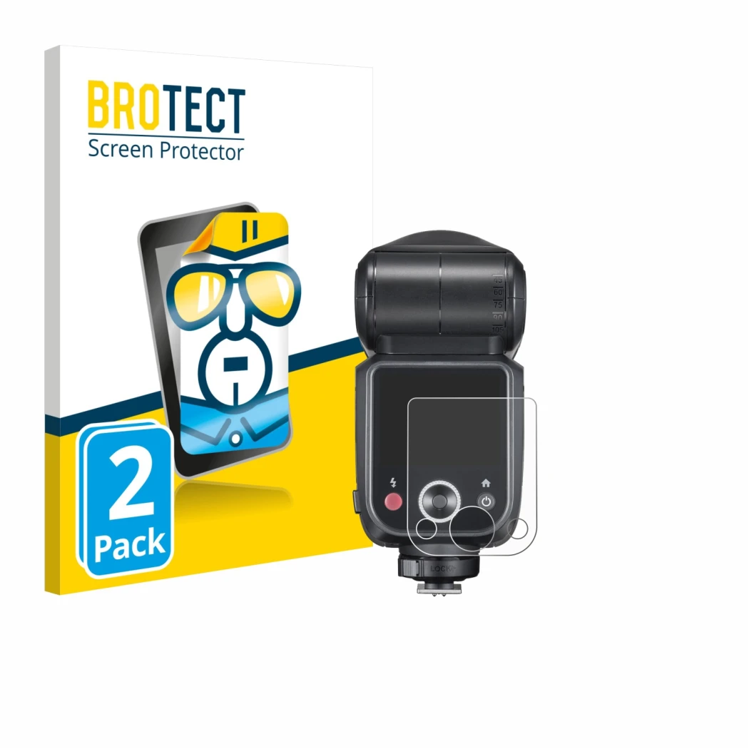 Face avant d’un emballage produit avec le logo de la marque BROTECT. À côté, l’appareil Godox V100 est représenté avec la prot