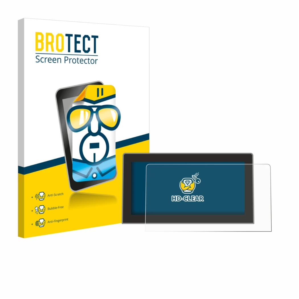 Face avant d’un emballage produit avec le logo de la marque BROTECT. À côté, l’appareil Volkswagen Golf MK8.5 12.9