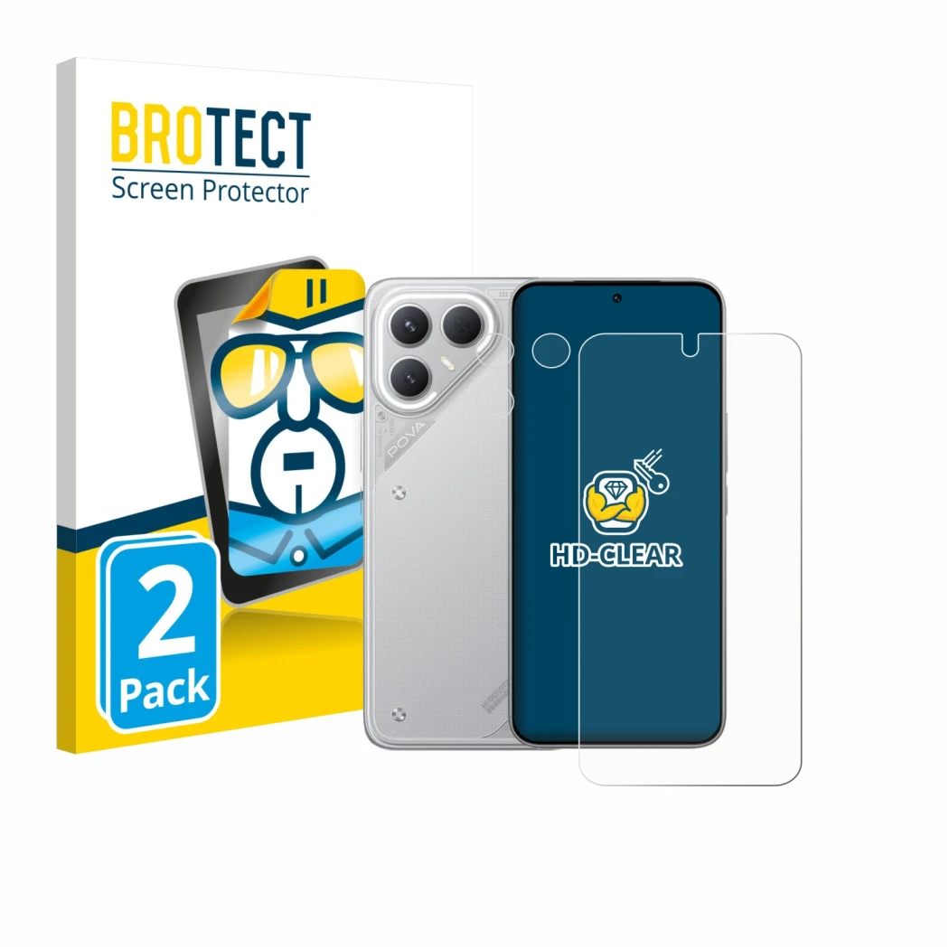 Face avant d’un emballage produit avec le logo de la marque BROTECT. À côté, l’appareil Tecno Pova 7 Pro (Avant+Caméra) est re