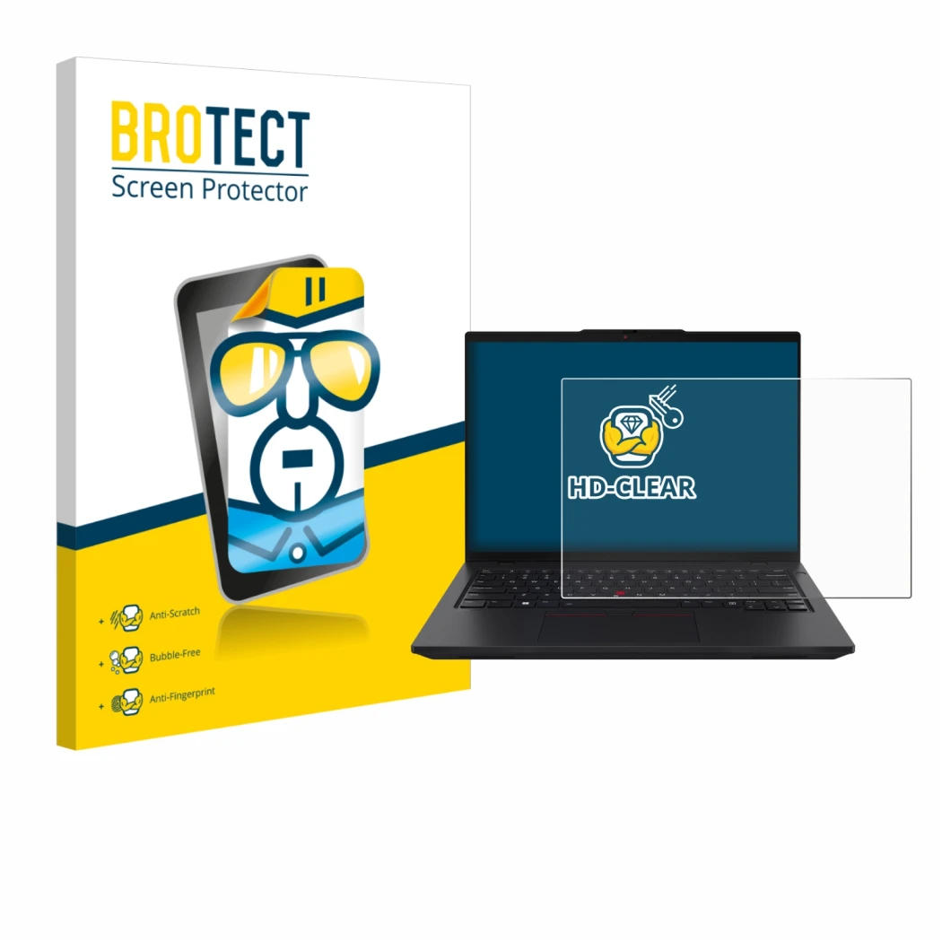 Face avant d’un emballage produit avec le logo de la marque BROTECT. À côté, l’appareil Lenovo ThinkPad L14 Gen 6 est représen