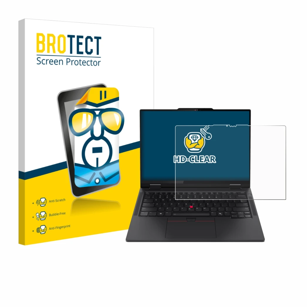 Face avant d’un emballage produit avec le logo de la marque BROTECT. À côté, l’appareil Lenovo ThinkPad T14s 2-in-1 est représ