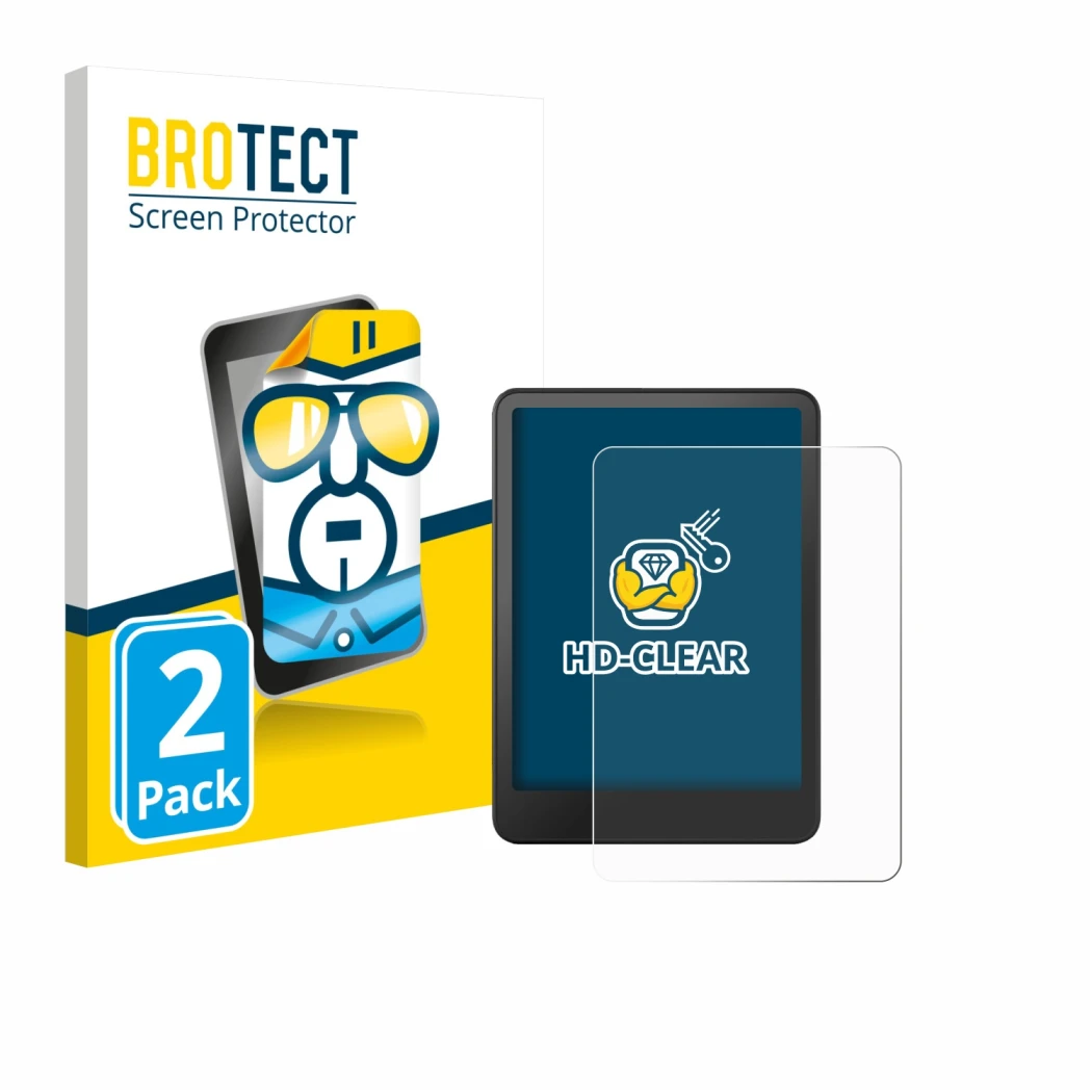 Face avant d’un emballage produit avec le logo de la marque BROTECT. À côté, l’appareil Amazon Kindle Colorsoft est représenté