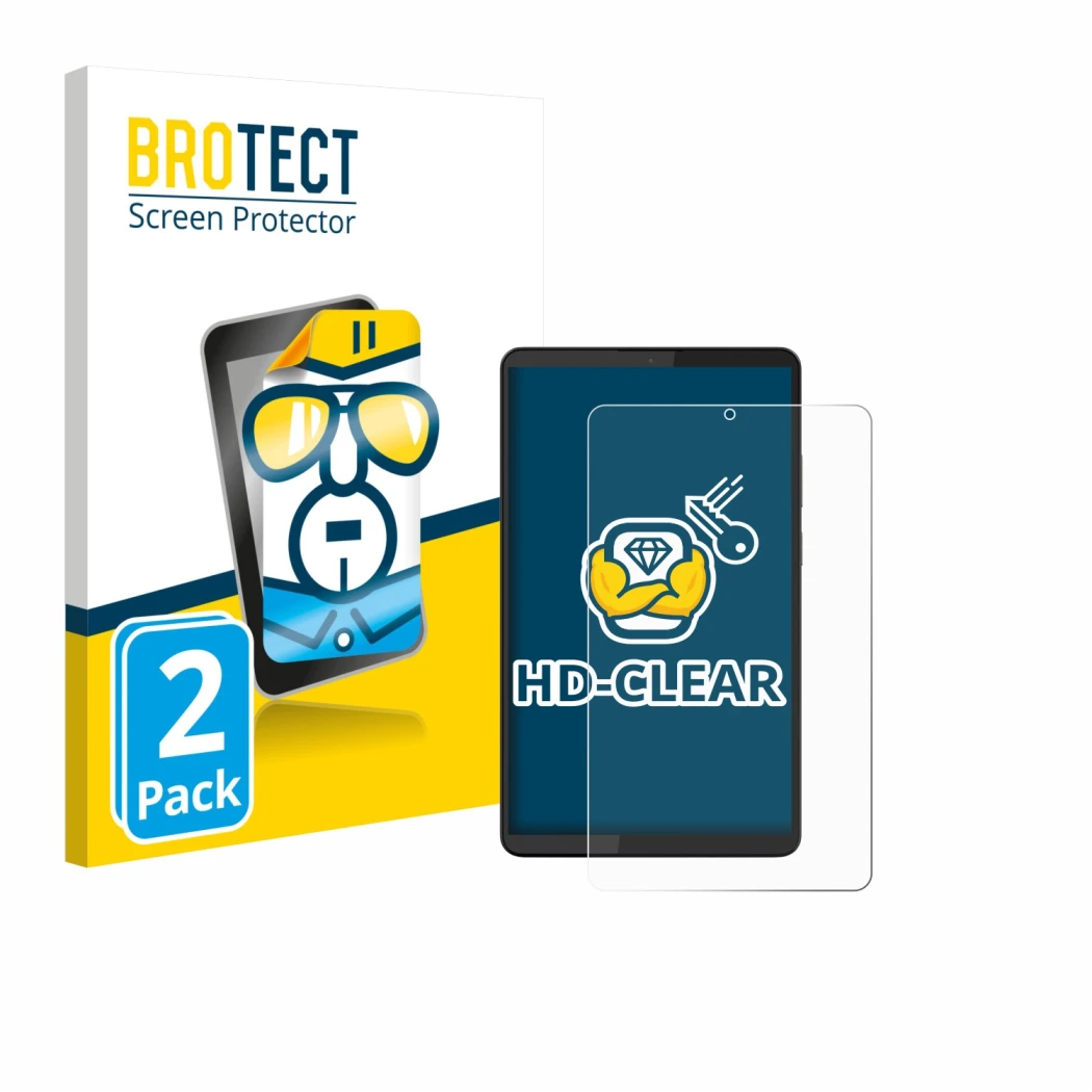 Face avant d’un emballage produit avec le logo de la marque BROTECT. À côté, l’appareil Lenovo Tab One 8.7