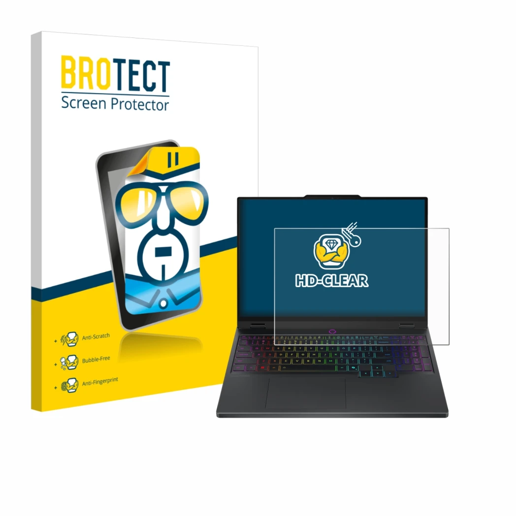 Face avant d’un emballage produit avec le logo de la marque BROTECT. À côté, l’appareil Lenovo Legion 5 15IRX10 83LY est repré