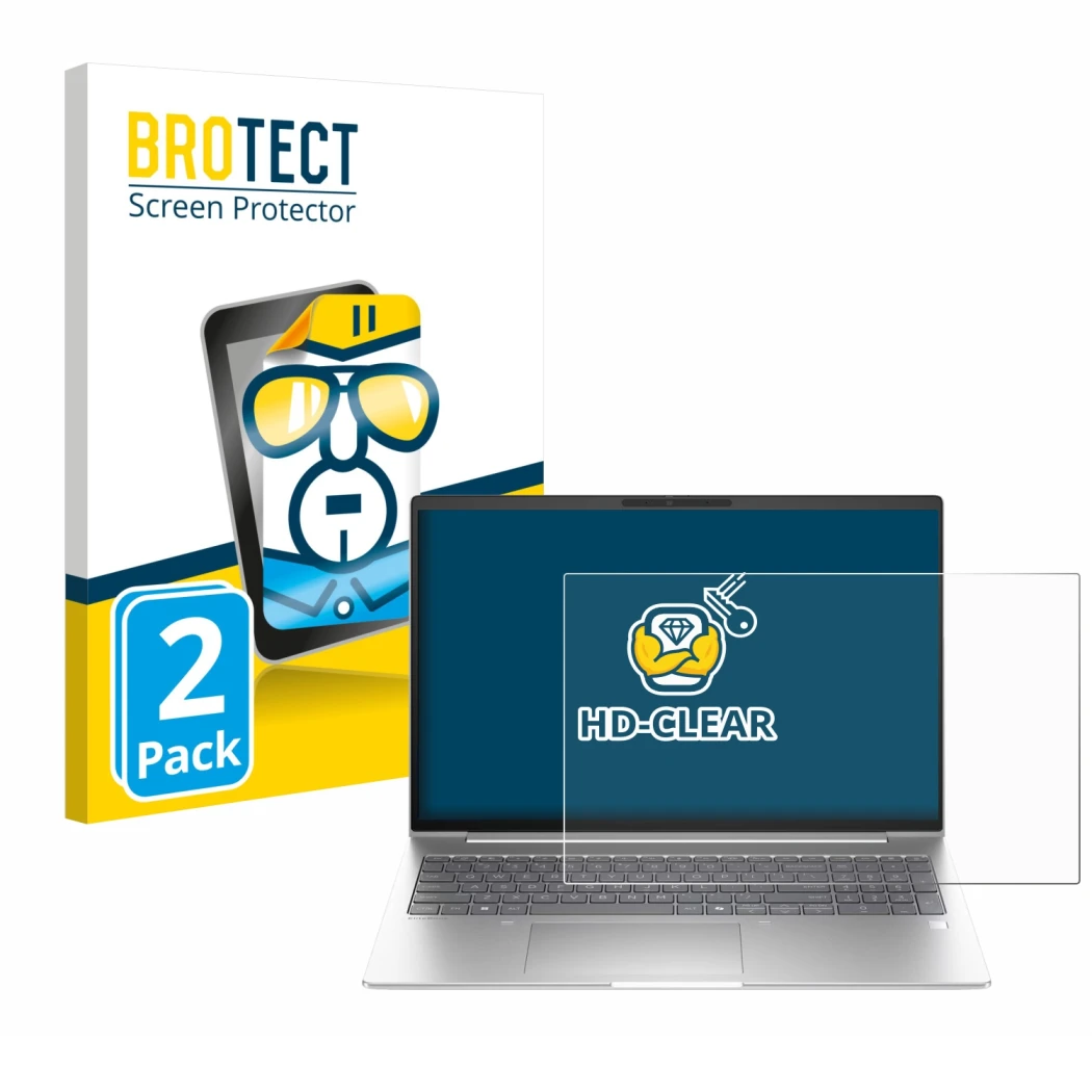 Face avant d’un emballage produit avec le logo de la marque BROTECT. À côté, l’appareil HP EliteBook 6 G1i 13 est représenté a