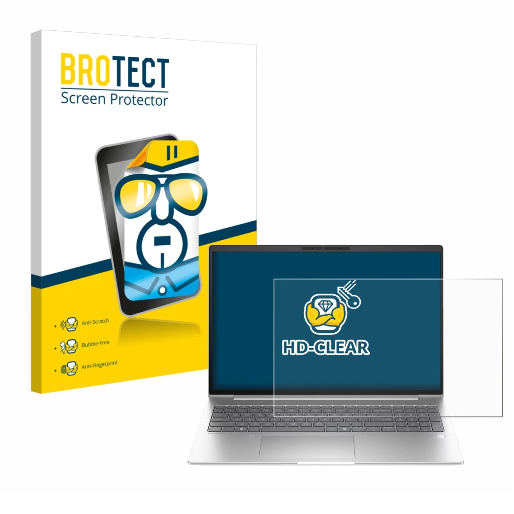 Face avant d’un emballage produit avec le logo de la marque BROTECT. À côté, l’appareil HP EliteBook 6 G1i 16 est représenté a
